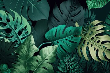 Abstract green tropical leaves wallpaper with a spring nature pattern design. Generative AI