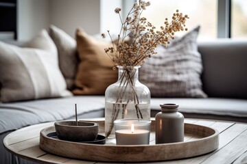 The living room is adorned with a gray and brown color scheme, featuring a wooden tray placed on the coffee table above the sofa. On the tray, there is a glass jar filled with dried flowers, a vase