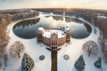 Winter aerial panorama of palace park in Kończyce Małe, Silesia, Poland. Generative AI