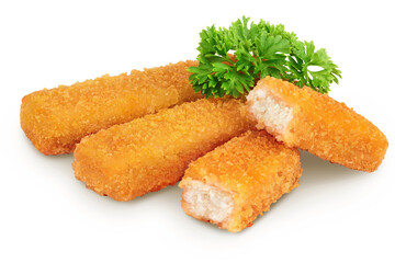 Fish finger or stick with parsley isolated on white background with full depth of field