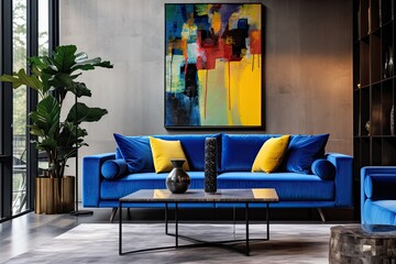 The living room interior is fashionable and contemporary, featuring a blue velvet sofa, artwork recreations, trendy furniture, a plant, a table, decorations, a concrete floor, and sophisticated