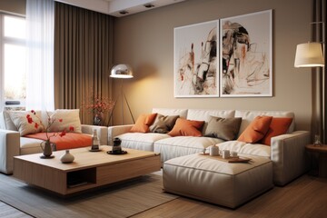 The living room interior is designed in a fashionable and trendy manner, featuring a cozy and inviting sofa.