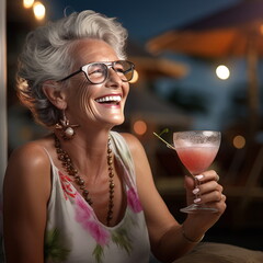 Glückliche Frau beim genießen der Rente lachend mit einem Cocktail, Ai generiert