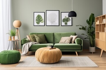The living room has a trendy Scandinavian style with a green velvet sofa, a gold pouf, wooden furniture, cacti, a carpet, a cube, and ample space for customization and showcasing mock up poster frames