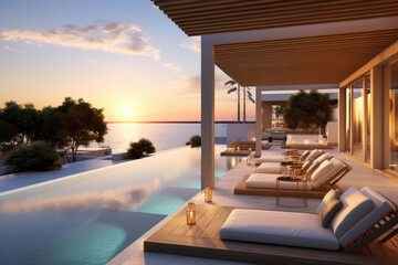 Fototapeta premium The modern, luxurious patio swimming pool is situated with a beautiful ocean backdrop as the sun sets.