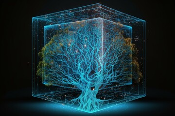 A digital cube grows a tree - convergence of technology and nature. Blue lighting with wireframe network background. Concepts: CSR, green tech, computing. Generative AI