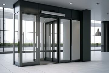 Office entrance with automated sliding doors. Generative AI