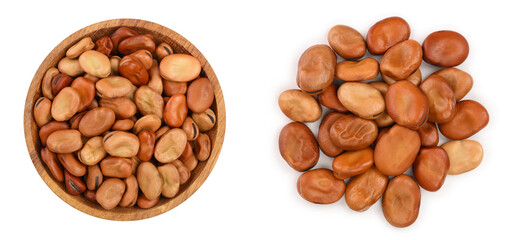 brown kidney bean in wooden bowl isolated on white background. Top view. Flat lay
