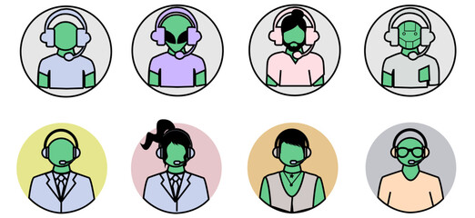 Different people symbol: call center agents, telemarketer operator. Customer support service icon. Green people with Headset, headphone. Service and Support logo.