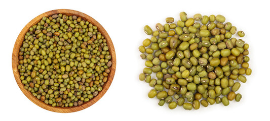 Mung beans in a wooden bowl isolated on white background. Top view