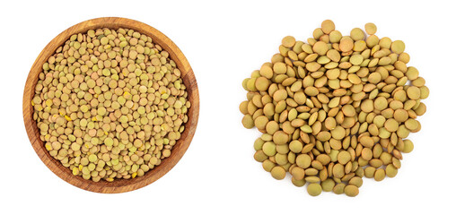 green lentil in wooden bowl isolated on white background. Top view
