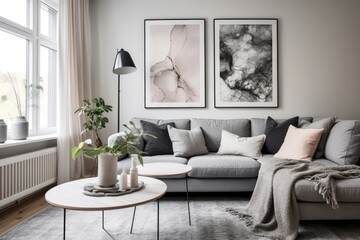 The living room of this Scandinavian home has a trendy design, featuring a gray sofa, armchair, marble stool, black coffee table, contemporary paintings, decorations, plants, and sophisticated