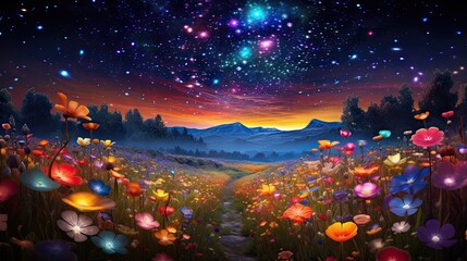 Abstract cosmic landscape of field with blossoming flowers, magical galaxy space or universe. Floral AI illustration. Digital art..