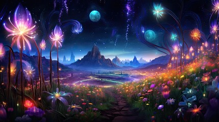 Fototapeta na wymiar Abstract cosmic landscape of field with blossoming flowers, magical galaxy space or universe. Floral AI illustration. Digital art..