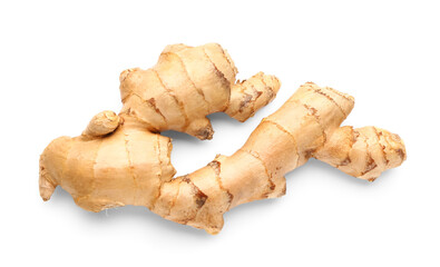 Fresh ginger root on white background