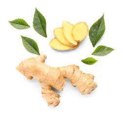 Fresh ginger root and leaves on white background