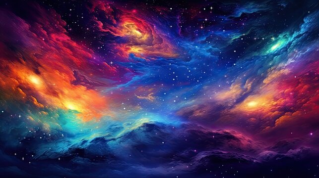 Colorful rainbow cosmic universe with stunning galaxy, stardust, nebula and shining stars in space background. Digital art. AI illustration for artwork, party flyers, posters, banners, brochures..