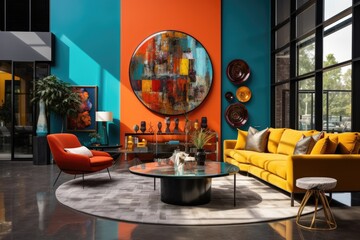 Fototapeta na wymiar The living room is filled with vibrant colors and has a warm and inviting atmosphere. It features a stylish armchair and sofa designed by a professional. There is also a round decorative mirror and a