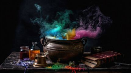 Witches Cauldron Brewing Potion with Colorful Steam Smoke - Halloween Theme - Generative AI