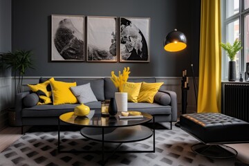 The living room is adorned with trendy and roomy grey walls, complemented by black, white, and yellow accents.