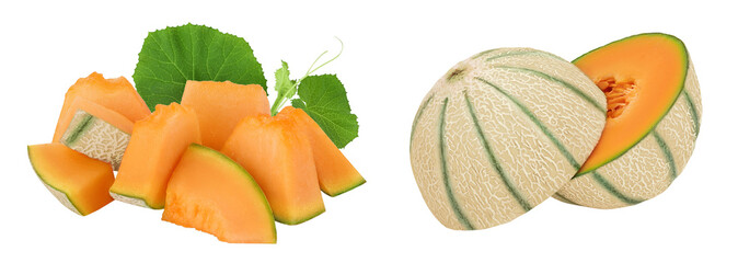 Cantaloupe melon pieces isolated on white background with full depth of field.