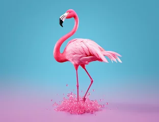 Gordijnen pink flamingo bird © PixelPrismAI