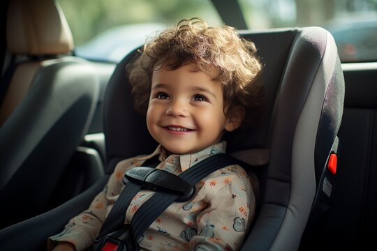 Smiling child strapped in a car seat