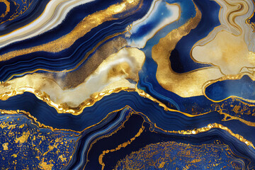 Blue and golden acrylic liquid ink swirl abstract background with ravishing turbulence wavy pattern and detailed texture. Luxury fluid liquid art by Generative AI.