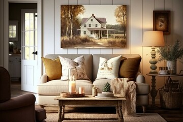 Warm farmhouse living room decor. Generative AI