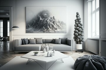 A 3D rendered living room with a grey sofa, art canvas, and white table. Generative AI