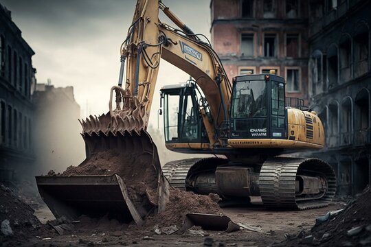 An excavator is seen operating at a construction site. Generative AI