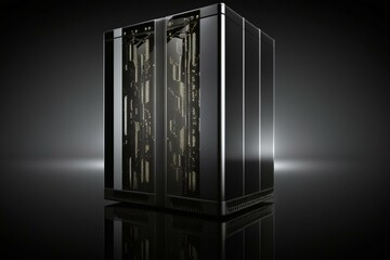 Data center servers isolated on black with reflections. Generative AI
