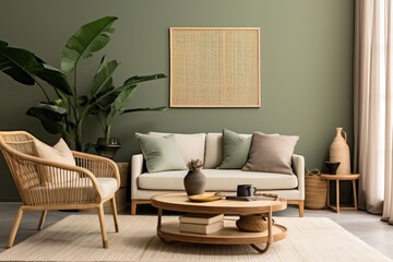 The living room has a modern and sleek design with a rattan armchair, a black coffee table, a tropical plant in a basket, a beige macrame hanging on the wall, and classy decorative items. The wall is - obrazy, fototapety, plakaty