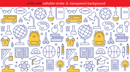 School seamless pattern with outlined school supplies and items icons.