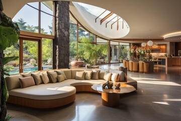 The luxurious interior of the house draws attention to the living room, particularly the sofa and accompanying pillows, positioned next to a round table resting on the carpet by the kitchen. Adjacent