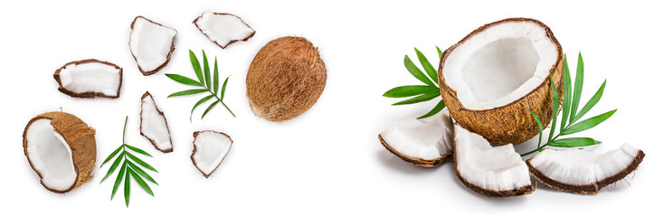 coconut with leaves isolated on white background. Top view. Flat lay - obrazy, fototapety, plakaty