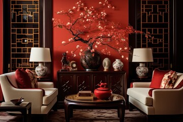 The living room is adorned with Chinese New Year decorations, complete with an armchair for seating.