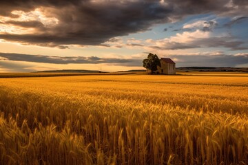 Fototapeta premium Wheat field. Evening over golden wheat fields. Farming, agriculture farm. golden pure wheat field , landscape wheat summer field sun sky nature, rustic background.