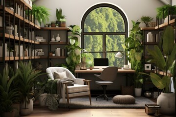 The open living room features a home office desk adorned with a mockup computer, green plants, and decorative items.