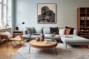 The living room of this renovated apartment is exquisitely designed in a stunning Danish style,...