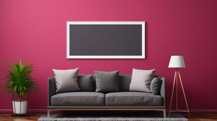 Interior modern pink room with empty frame mockup. Copy space. Generative AI