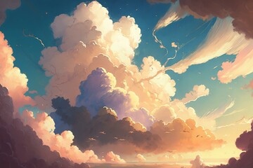 Anime-inspired clouds painted with a soft, dreamy touch in the afternoon. Generative AI - obrazy, fototapety, plakaty