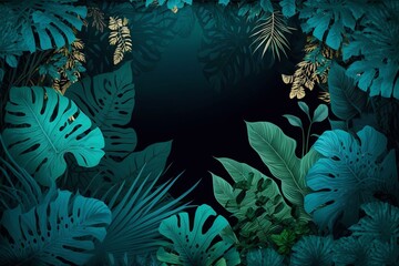 Tropical backdrop with turquoise hues surrounded by lush foliage. Free space for text. Generative AI