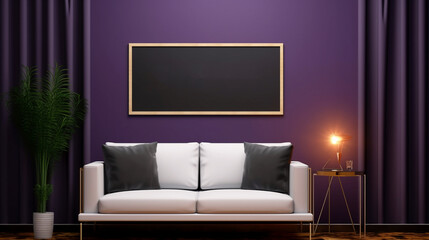 Interior modern dark purple room with empty frame mockup. Copy space. Generative AI