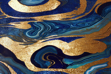 Blue and golden acrylic liquid ink swirl abstract background with ravishing turbulence wavy pattern and detailed texture. Luxury fluid liquid art by Generative AI.