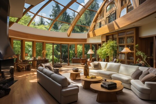 The living room of this house boasts stunning wood elements and skylights, creating an impressive space.