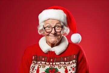 Naklejka premium Portrait of a fictional old person wearing Santa hat and decorated winter pullover for Christmas. Isolated on a plain colored background. Generative AI.