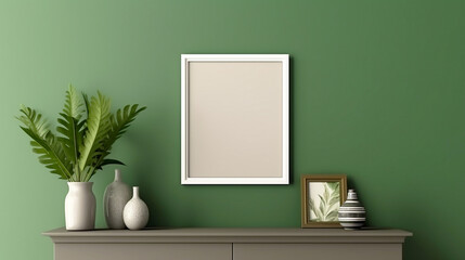 Interior modern classic green room with empty white frame mockup. Copy space. Generative AI