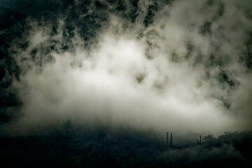 Blue River Provincial Park (Parc provincial de la Rivière Bleue), in Yaté Commune, South Province, New Caledonia, tropical landscape with haze, maquis shrubland, tropical rainforest
