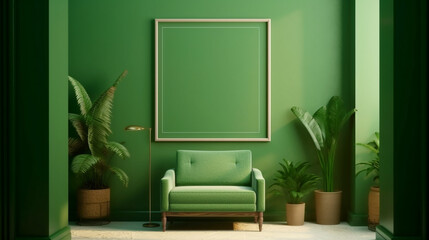 Interior modern classic green room with empty white frame mockup. Copy space. Generative AI